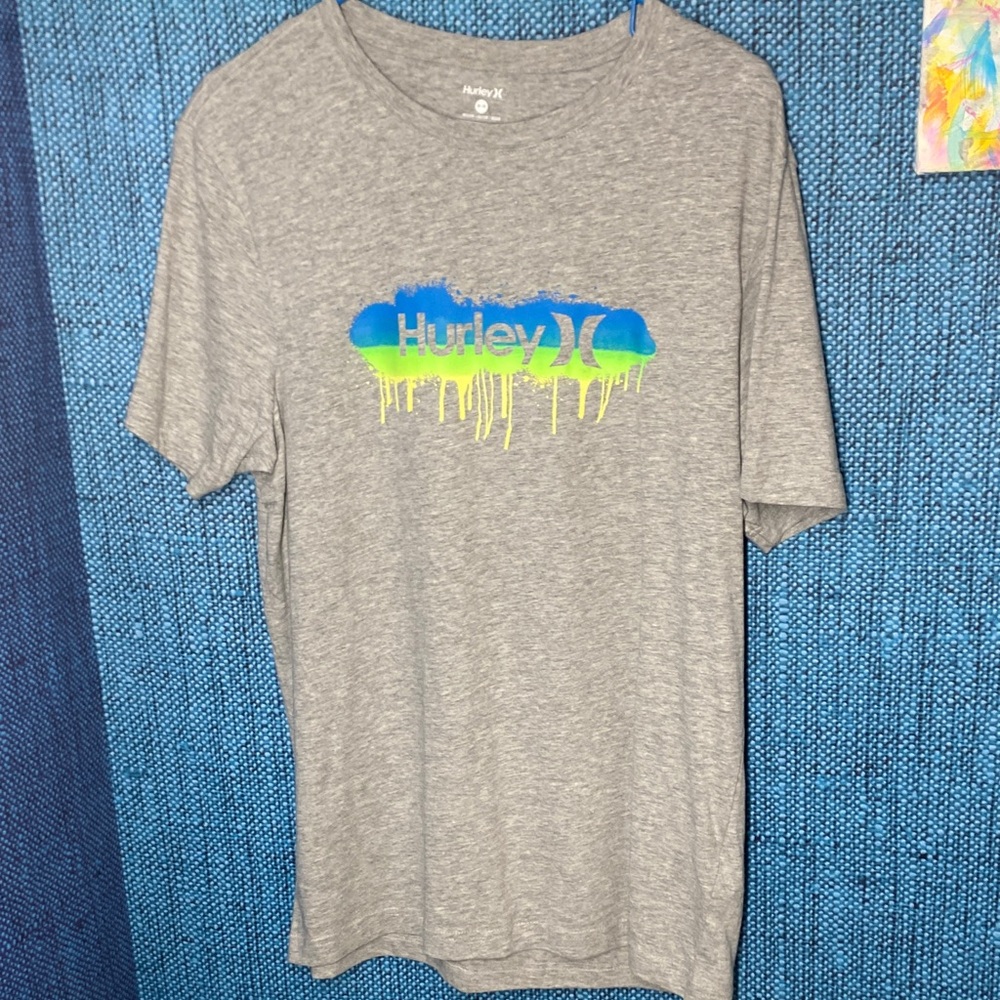 Hurley Gray Tee with Vibrant Blue and Green Logo